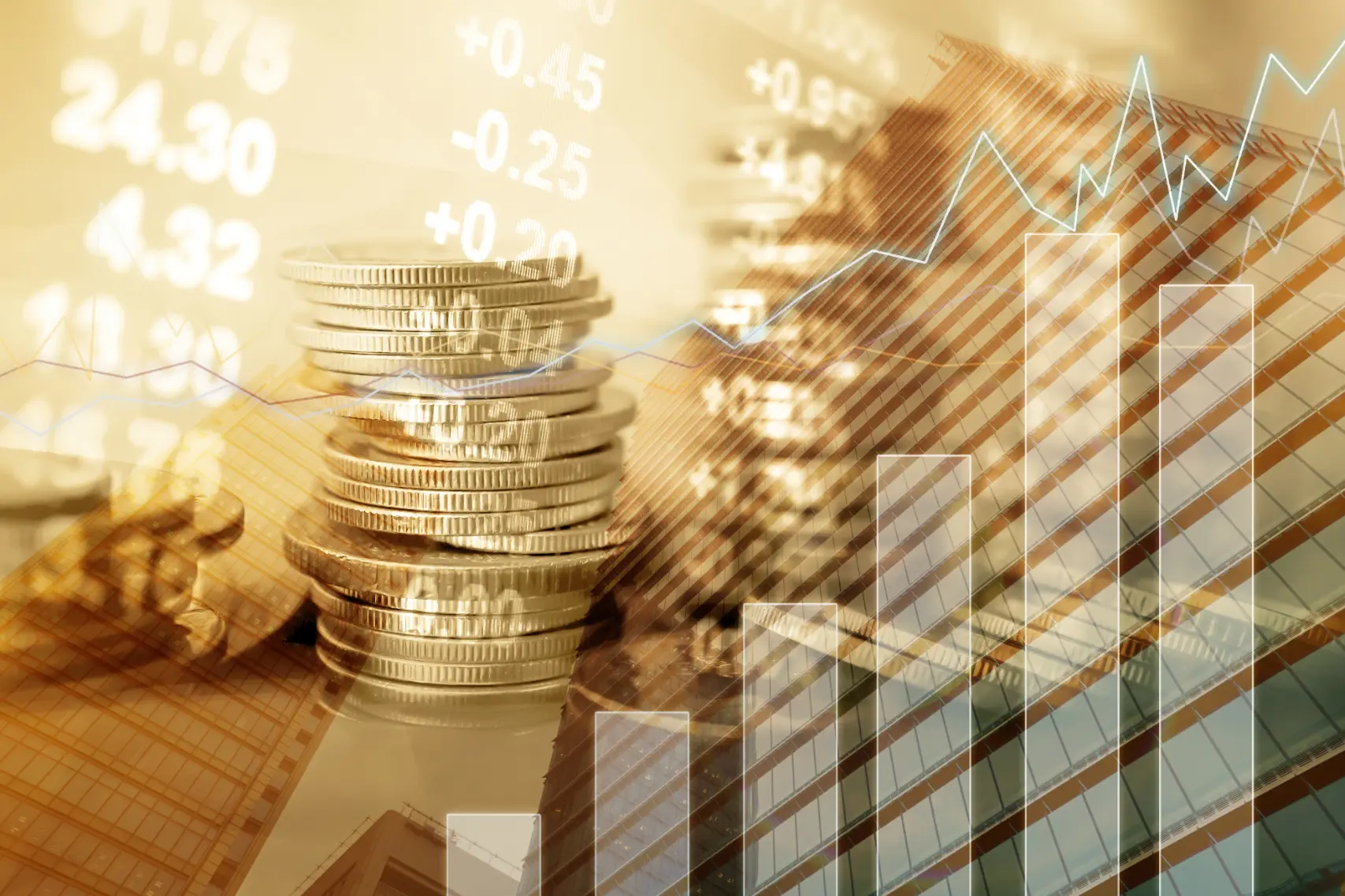 Stack of gold coins with bar and line graphs illustrating financial performance and growth metrics